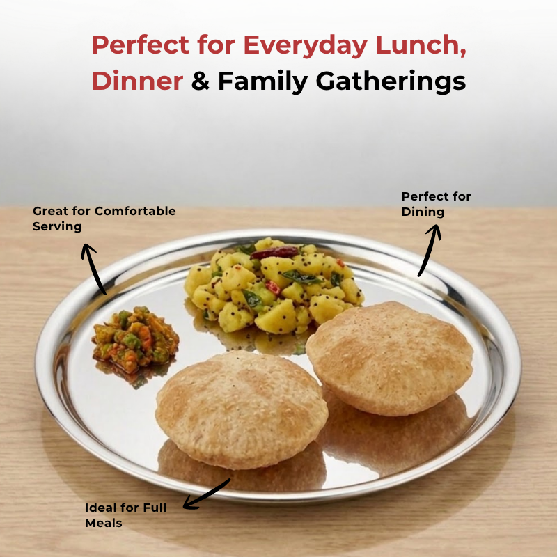 VINOD Stainless Steel Two Tone German Bogi Plate Set of 6 - 31 cm, Lunch Plate, Dinner Plate, Highest Stainless Steel, Mirror Finish