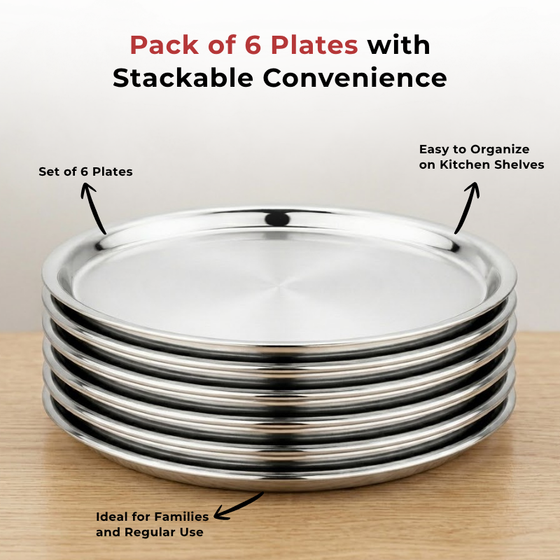 VINOD Stainless Steel Two Tone German Bogi Plate Set of 6 - 31 cm, Lunch Plate, Dinner Plate, Highest Stainless Steel, Mirror Finish