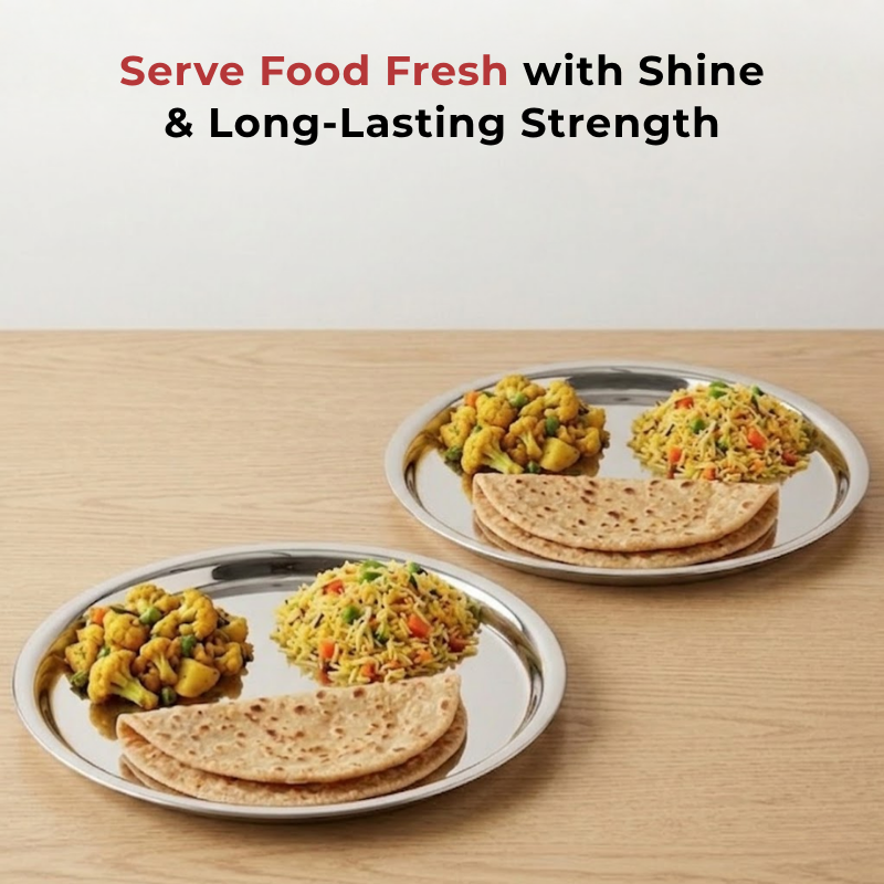 VINOD Stainless Steel Two Tone German Bogi Plate Set of 6 - 31 cm, Lunch Plate, Dinner Plate, Highest Stainless Steel, Mirror Finish