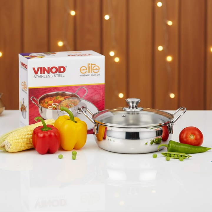 Vinod Stainless Steel Elite Bowl with Glass Lid 1300 ml