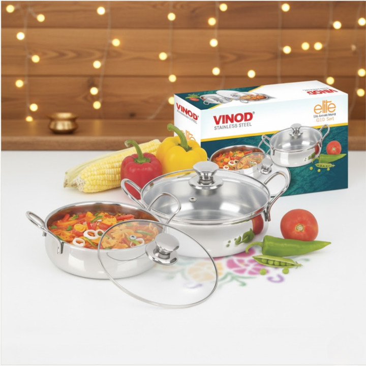 Vinod Stainless Steel 3 Pcs Elite Bowl with Glass Lid