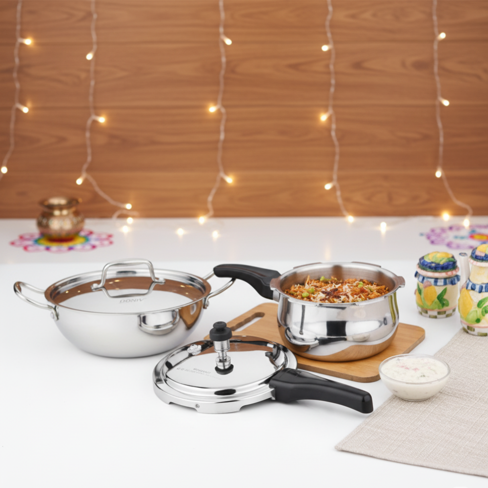 VINOD Doniv Titanium Triply Stainless Steel 2 Pieces & Pressure Cooker 3 Liter & Kadhai 5 Liter