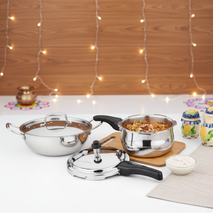 VINOD Doniv Titanium Triply Stainless Steel 2 Pieces & Pressure Cooker 3 Liter & Kadhai 5 Liter