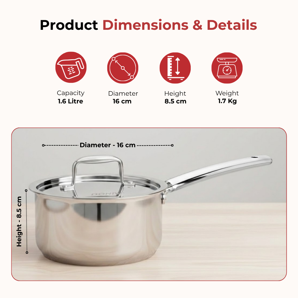 VINOD Doniv Titanium Triply Stainless Steel Sauce Pan with Cover 16 cm, Capacity 1.60 liter, Induction Friendly