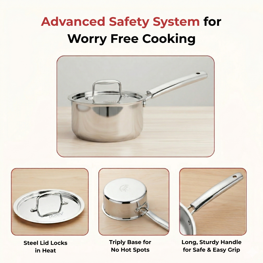 Doniv Titanium Triply Stainless Steel Sauce Pan with Cover 18 cm, Capacity 2.2 Liter, Induction Friendly
