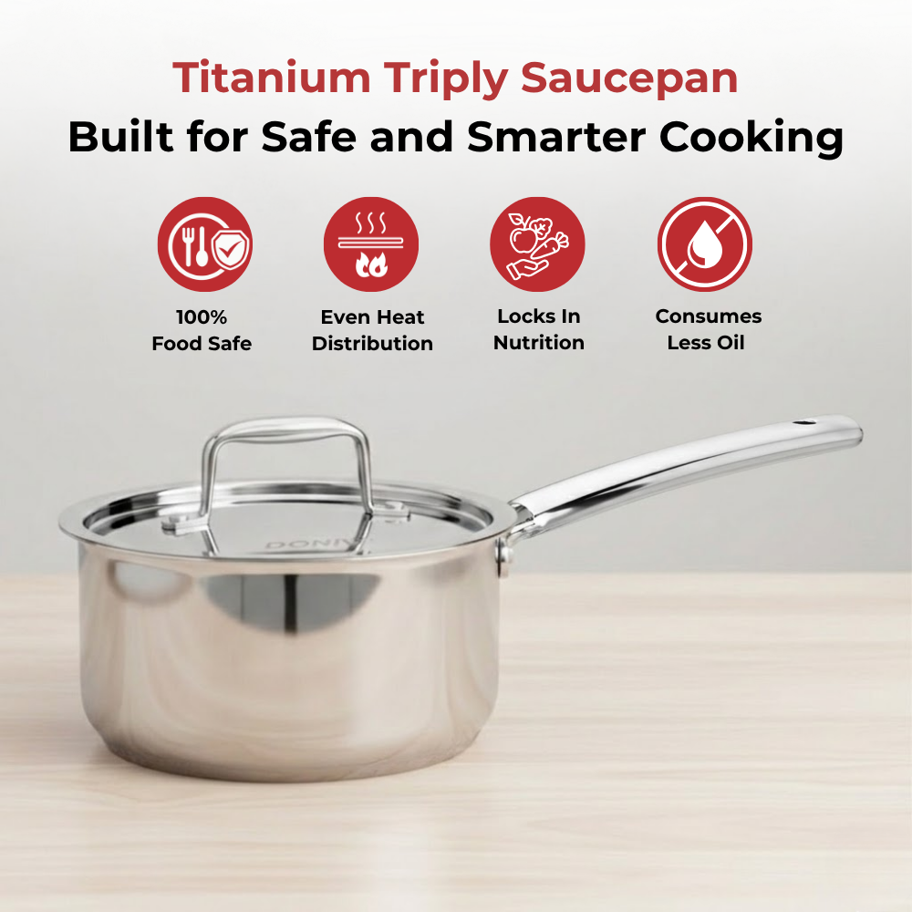 Vinod Doniv Titanium Triply Stainless Steel Sauce Pan with Cover 14 cm, 1 Liter, angled view