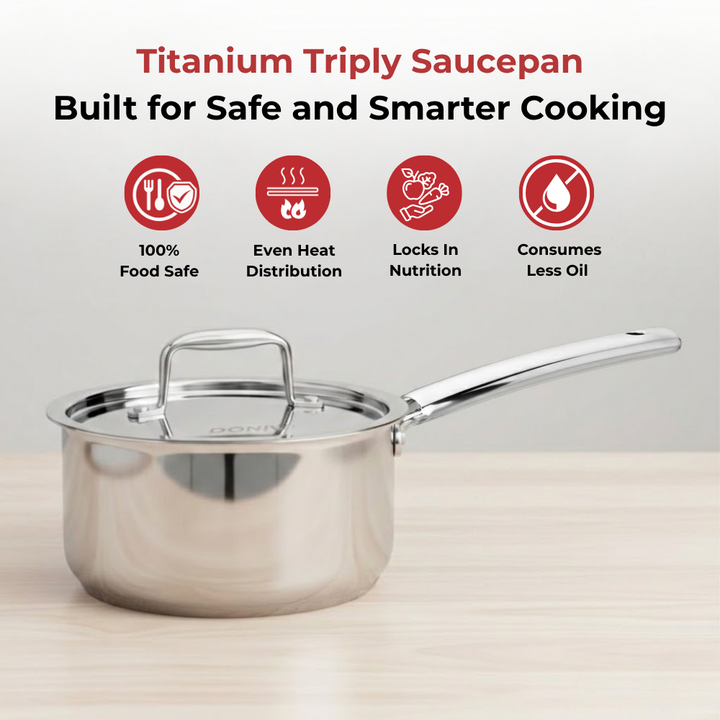 Doniv Titanium Triply Stainless Steel Sauce Pan with Cover 18 cm, Capacity 2.2 Liter, Induction Friendly
