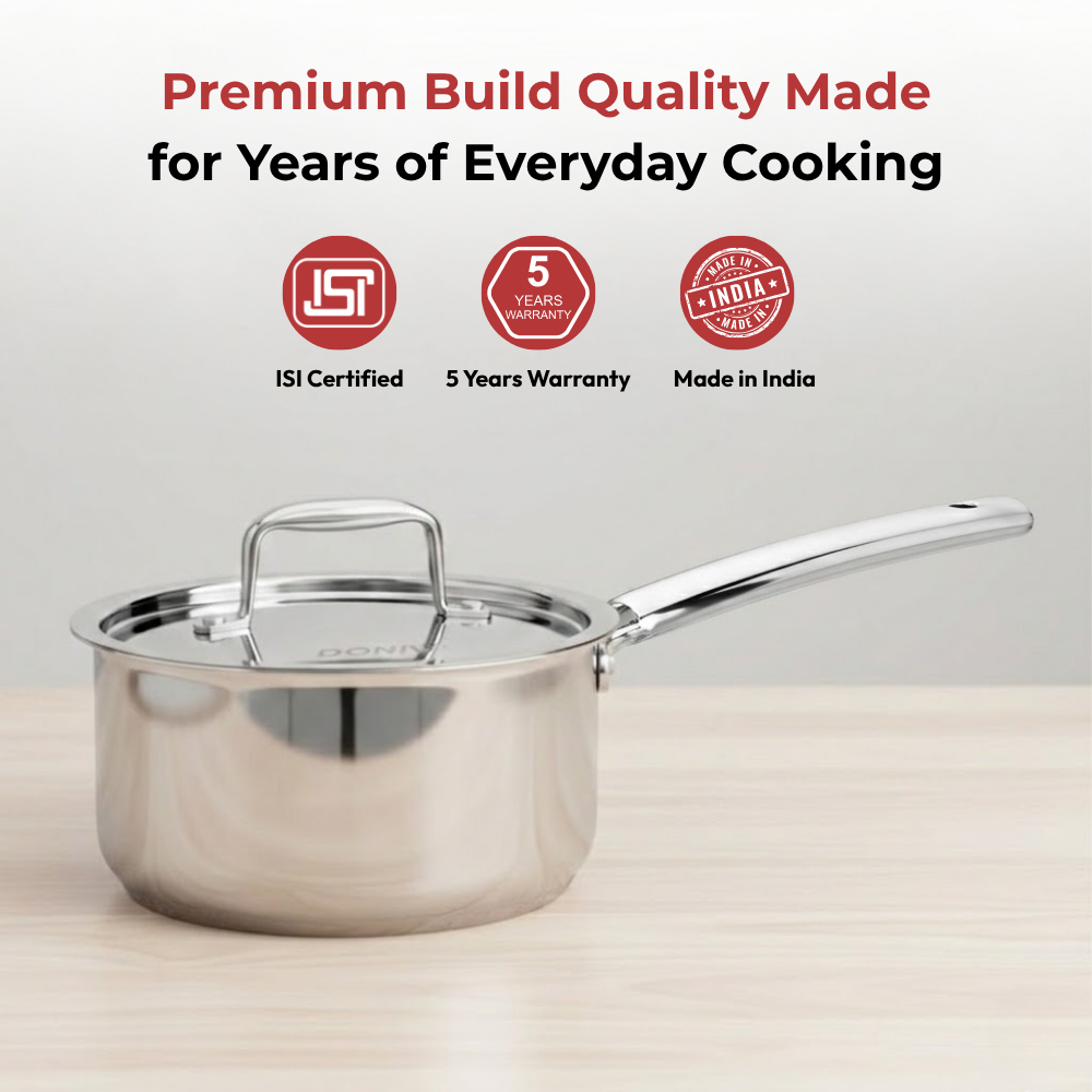 Vinod Doniv Titanium Triply Stainless Steel Sauce Pan with Cover 14 cm, 1 Liter, close-up detail