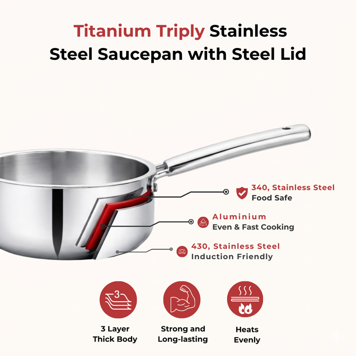 Vinod – Doniv Titanium Triply Stainless Steel Sauce Pan with Cover 14 cm, Capacity 1 Liter, Induction Friendly