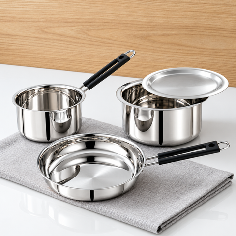 VINOD Stainless Steel Shubam 4-Piece Cookware Gift Set – Premium Sauce Pan 16.5 cm, Royal Fry Pan 20 cm & Flat Bottom Tope with Lid 20 cm | Cookware for Boiling, Frying, Sautéing, Cooking & Everyday Use