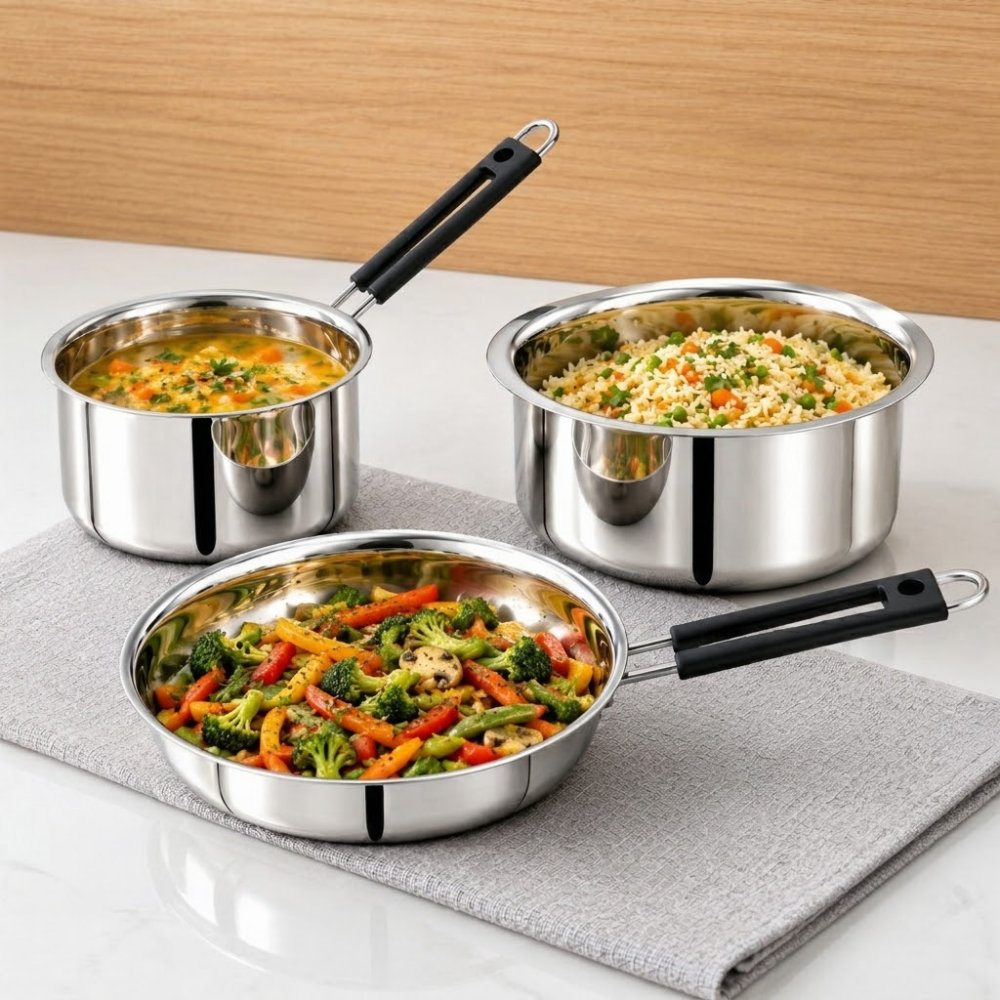 VINOD Stainless Steel Shubam 4-Piece Cookware Gift Set – Premium Sauce Pan 16.5 cm, Royal Fry Pan 20 cm & Flat Bottom Tope with Lid 20 cm | Cookware for Boiling, Frying, Sautéing, Cooking & Everyday Use