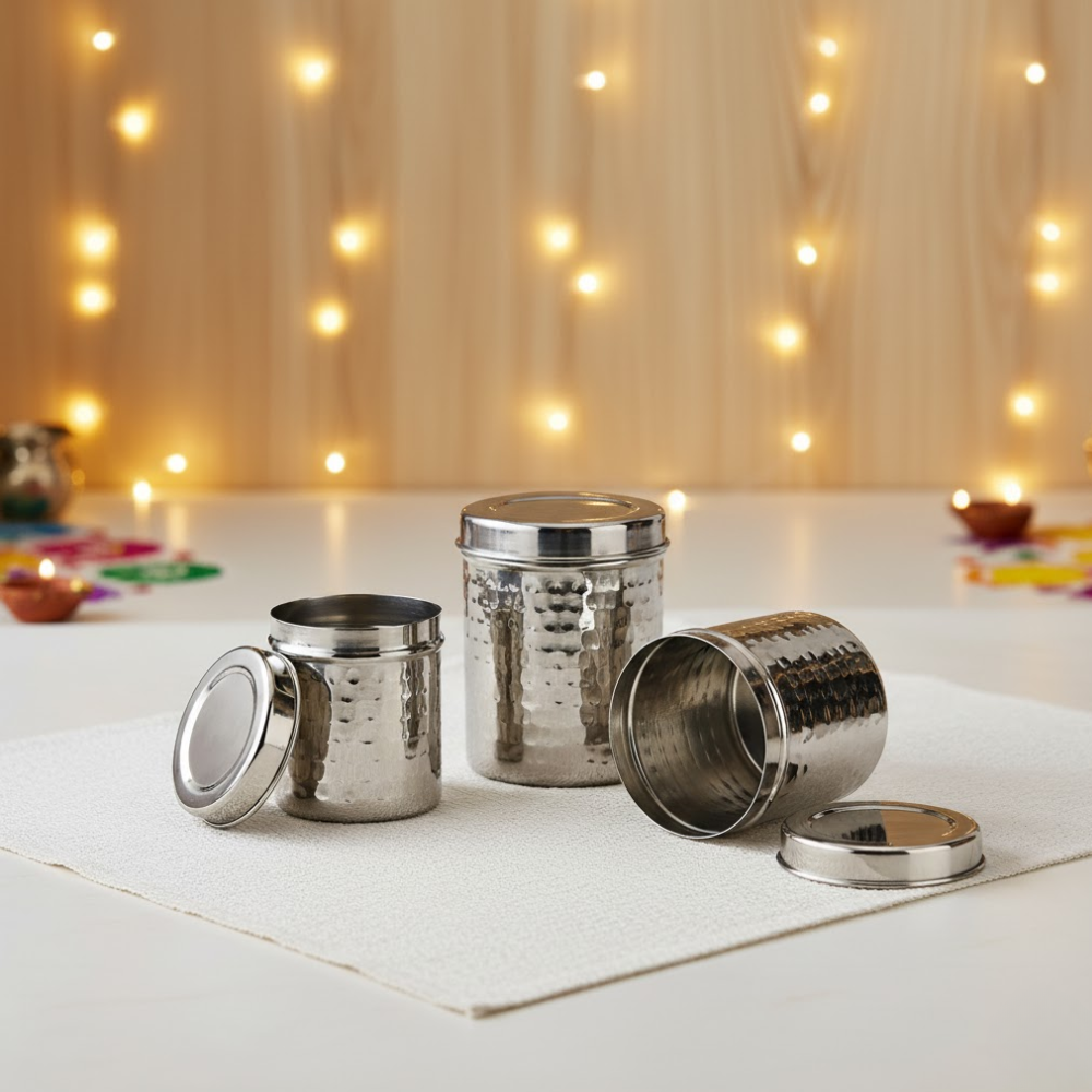 VINOD Stainless Steel Hammered Deep Dabba – Premium Steel food storage container for Kitchen – Set of 3 Pieces, 350 ml, 500 ml &#038; 750 ml, No 7 to No 9