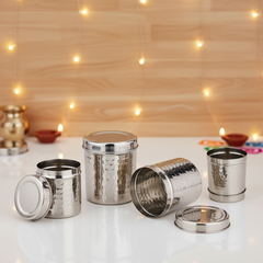 विनोद स्टेनलेस स्टील हैमर्ड डीप डब्बा - रसोई के लिए प्रीमियम स्टील खाद्य भंडारण कंटेनर - 4 पीस का सेट, 3500 मिली, 4500 मिली, 5000 मिली, और 6000 मिली, नंबर 15 से नंबर 18