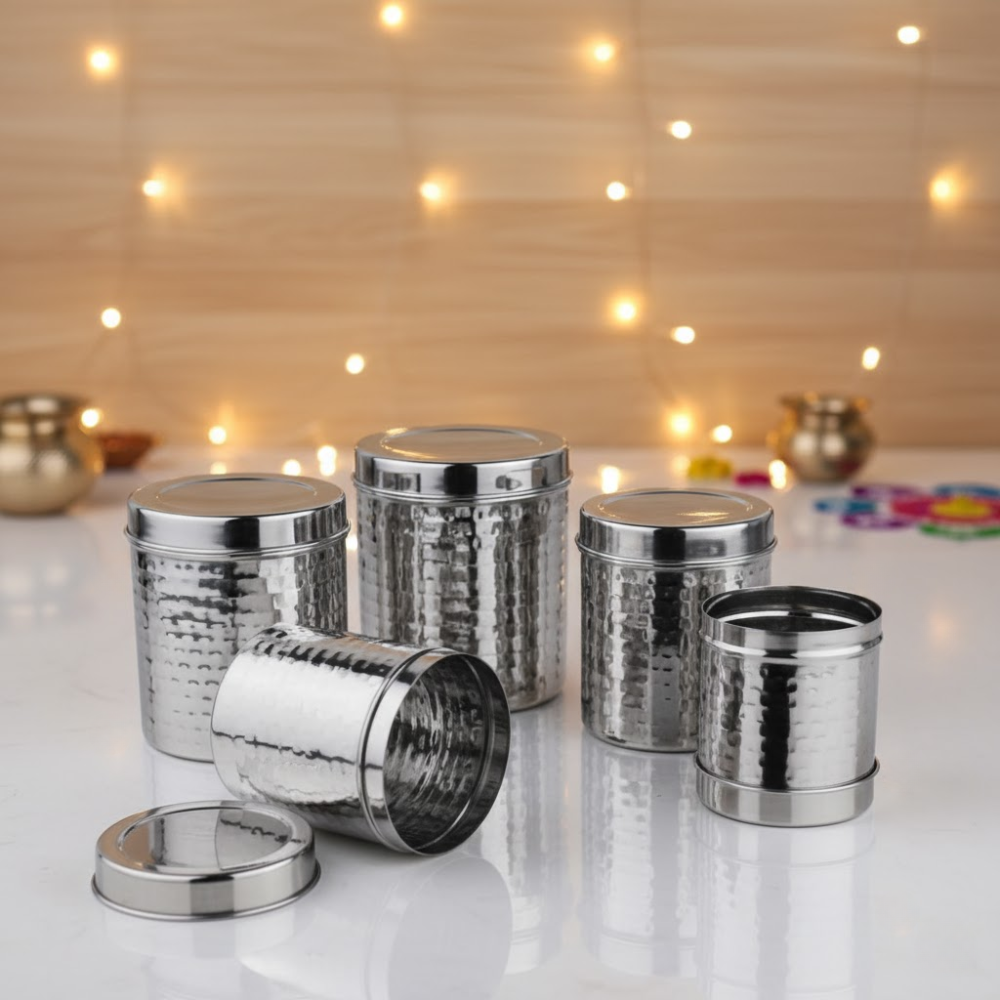 VINOD Stainless Steel Hammered Deep Dabba – Premium Steel food storage container for Kitchen – Set of 5 Pieces, 1000 ml, 1400 ml, 1800 ml, 2300 ml, 3000 ml, No 10 to No 14