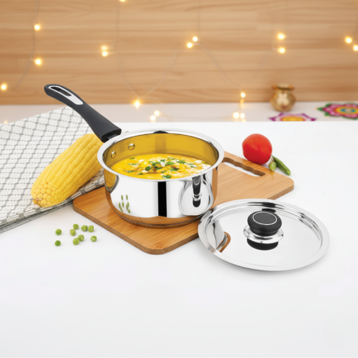 VINOD - DONIV Stainless Steel Sorrento Sandwich Bottom Saucepan with Steel Lid 16 cms –  Capacity 1450 ml - Induction Friendly