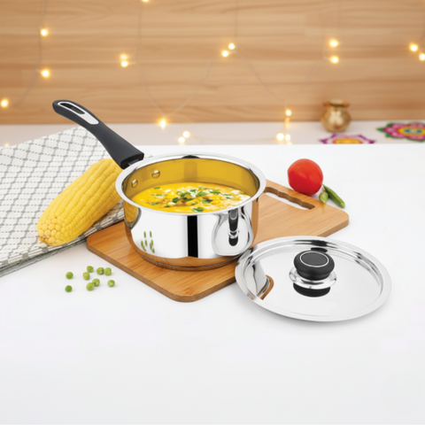 VINOD - DONIV Stainless Steel Sorrento Sandwich Bottom Saucepan with Steel Lid 16 cms –  Capacity 1450 ml - Induction Friendly