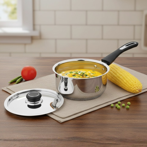 Vinod Doniv Stainless Steel Sorrento Sandwich Bottom Saucepan with Steel Lid, front view