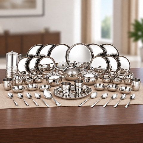 VINOD 51 Pieces Hammered Stainless Steel Dinner Set, Heavy Gauge steel, Tough and Strong, Durable shine, Dishwasher safe and ISI certified