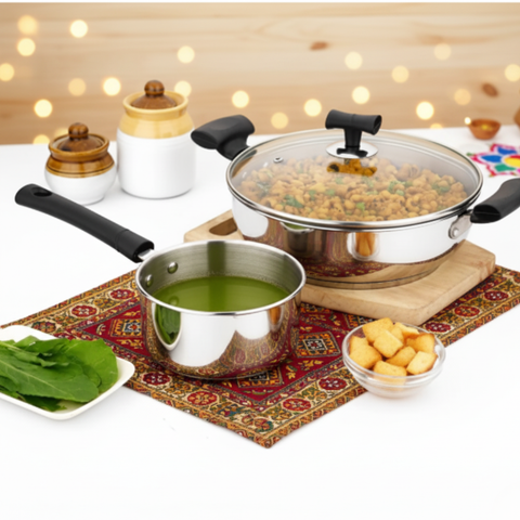 विनोद - डोनिव स्टेनलेस स्टील सैंडविच बॉटम सॉलिटेयर कुकवेयर सेट / 1 पीस सॉस पैन / 1 पीस कढ़ाई ग्लास ढक्कन के साथ - इंडक्शन फ्रेंडली - 2 पीस का सेट।