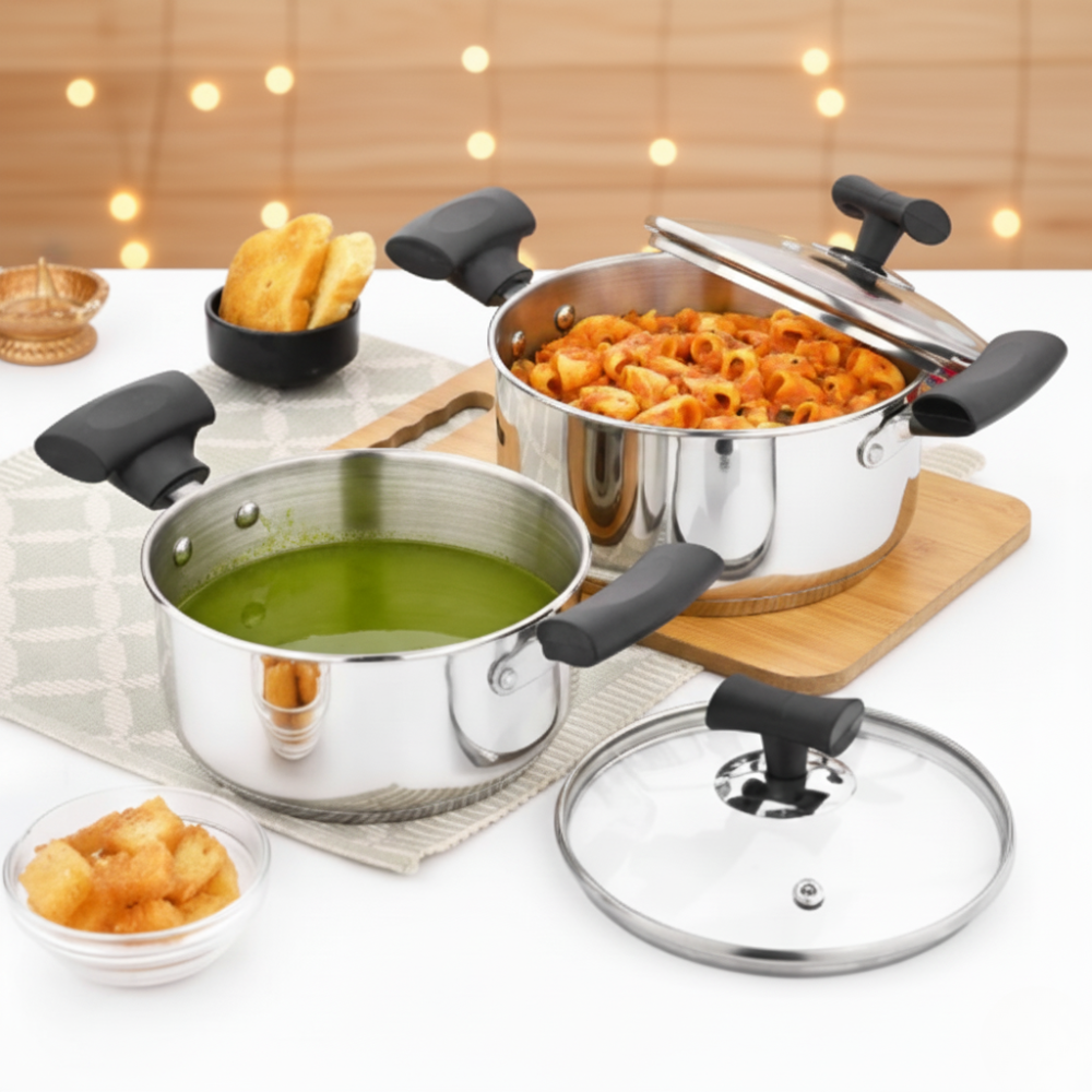 विनोद - डोनिव स्टेनलेस स्टील सैंडविच बॉटम सॉलिटेयर सॉस पॉट ग्लास लिड के साथ 2 पीस का सेट - 16 सेमी और 18 सेमी. (1.4 लीटर और 2.4 लीटर)