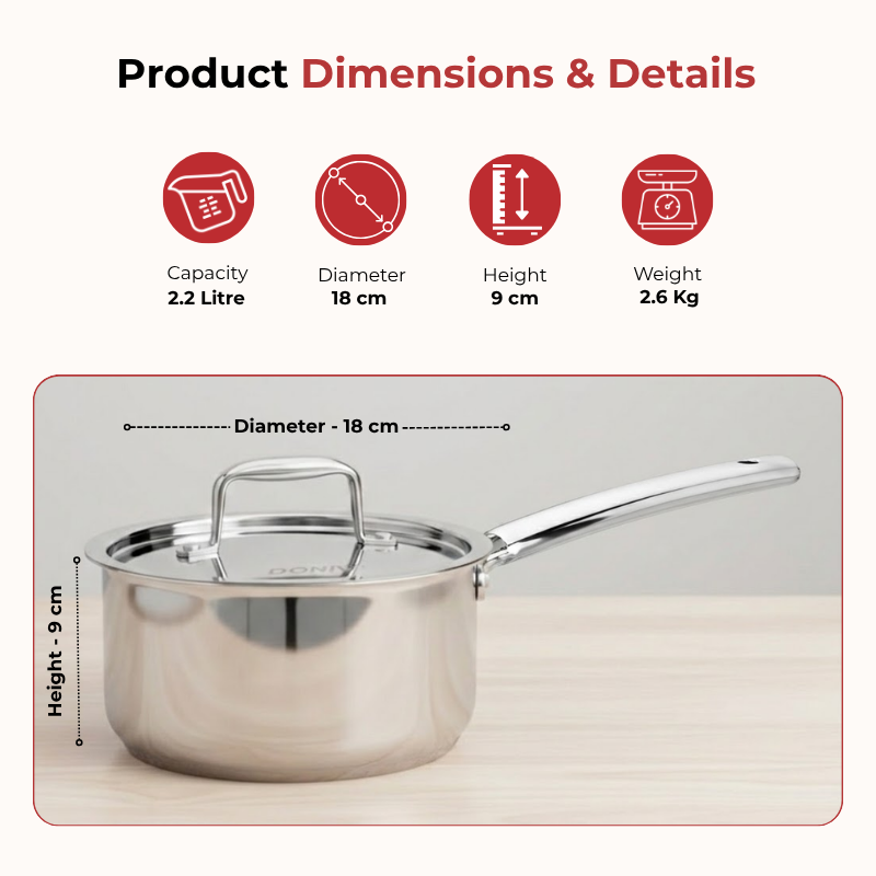 Doniv Titanium Triply Stainless Steel Sauce Pan with Cover 18 cm, Capacity 2.2 Liter, Induction Friendly