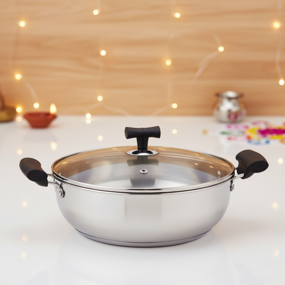 VINOD – DONIV Stainless Steel Sandwich Bottom Solitaire Kadhai With Glass Lid &#038; Side handle, Induction Friendly, Capacity 4 Ltr (26cm)