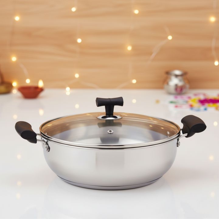 VINOD – DONIV Stainless Steel Sandwich Bottom Solitaire Kadhai With Glass Lid &#038; Side handle, Induction Friendly, Capacity 4 Ltr (26cm)