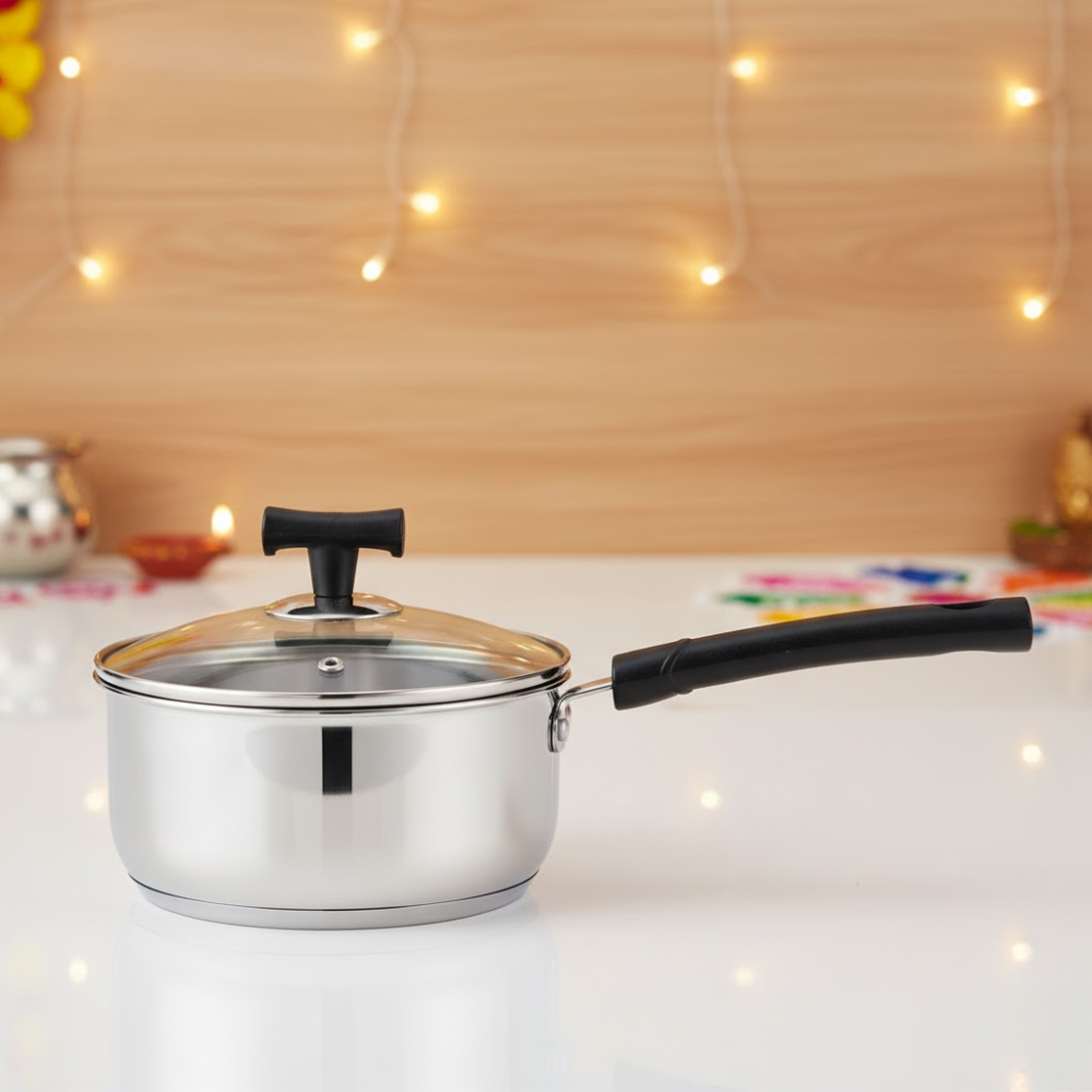 Vinod Doniv Stainless Steel Sandwich Bottom Solitaire Sauce Pan with Glass Lid, product view 15