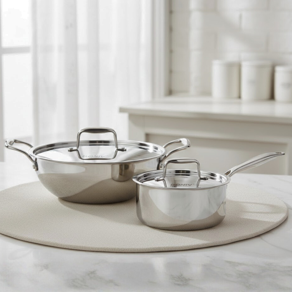 Vinod Doniv Titanium Triply stainless steel 2 piece set, 3.3 litre kadhai and 2.2 litre sauce pan, front view