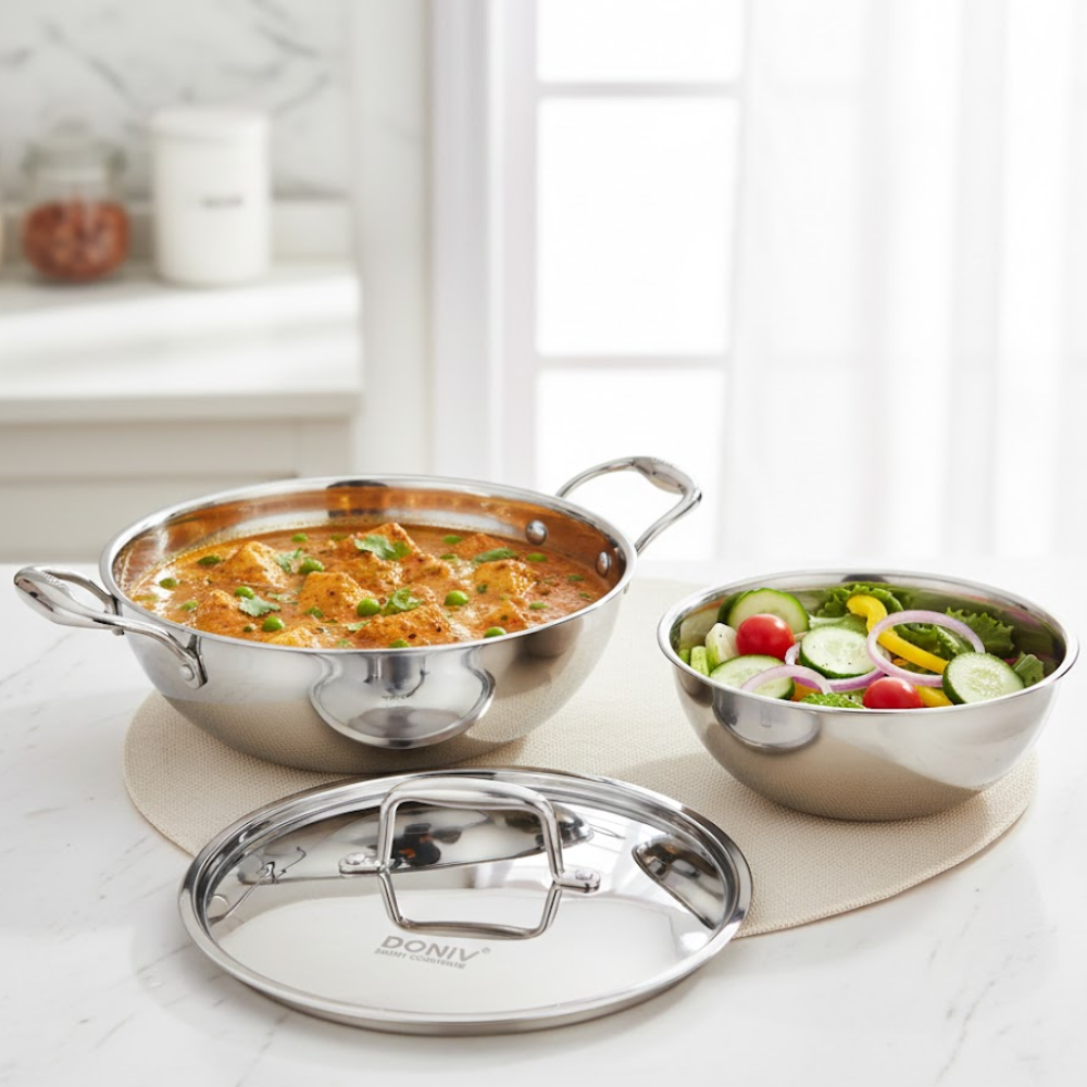 Vinod Doniv Titanium Triply stainless steel 2 piece set, 5 litre kadhai and 2 litre tasla, full set group shot