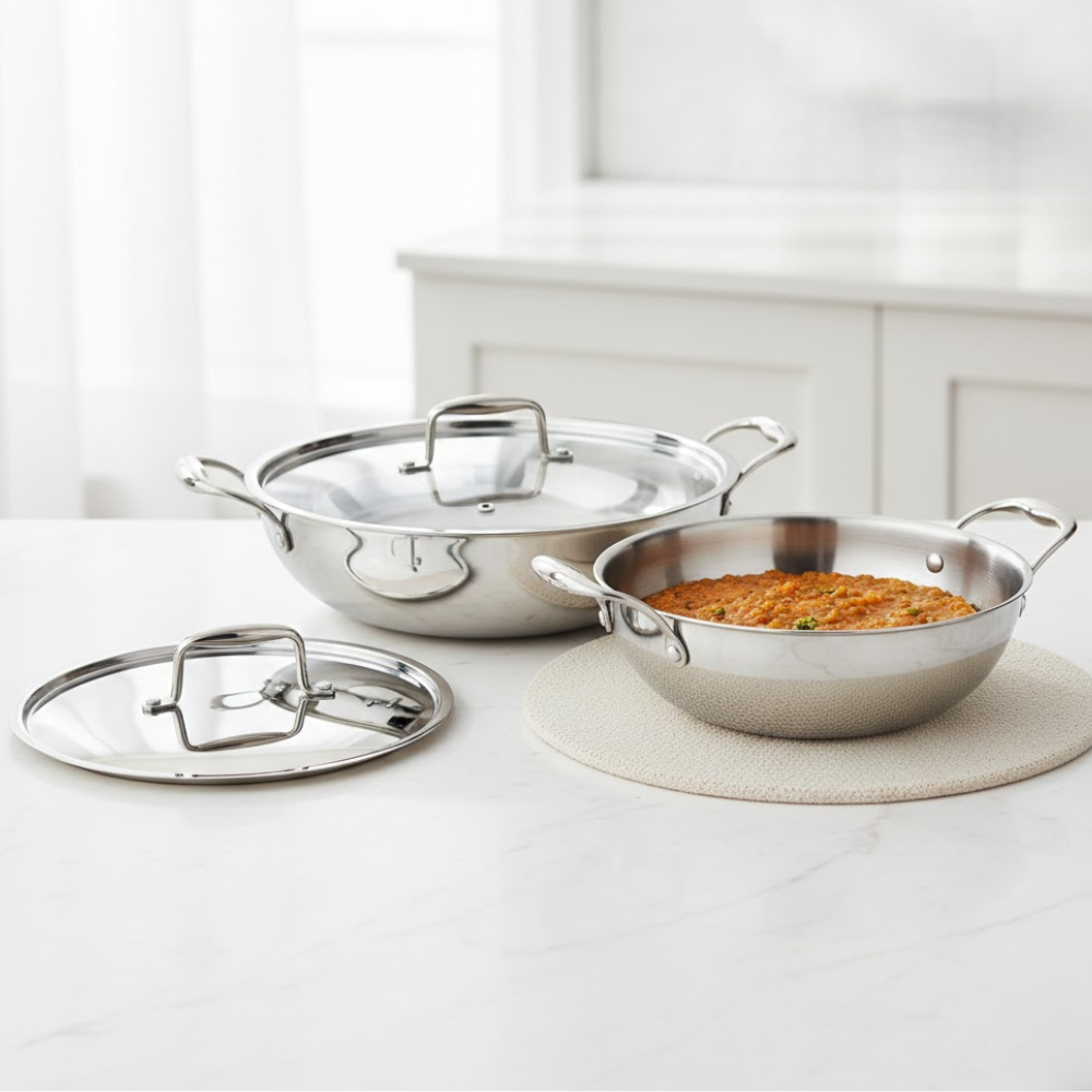 Vinod Doniv titanium triply stainless steel kadhai, set of two, capacity 3.3 litre & 5 litre (26cm & 30cm), front view