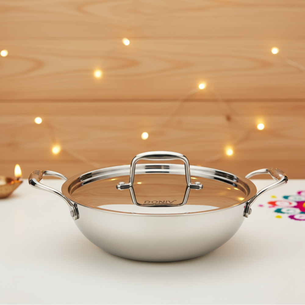 VINOD Doniv Titanium Triply Stainless Steel Kadhai with Steel Lid (20 cm), Capacity 1.65 Liter, Induction Friendly