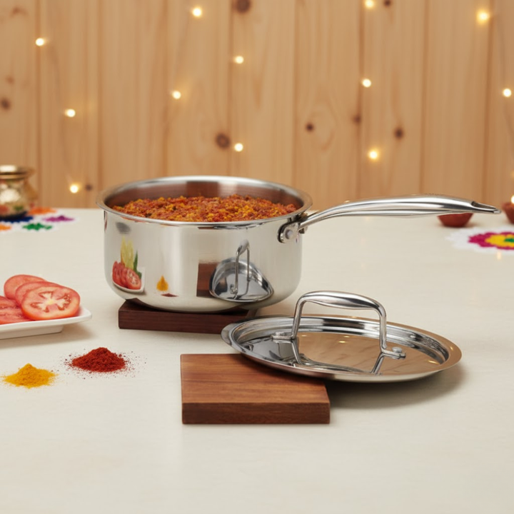 VINOD Doniv Titanium Triply Stainless Steel Sauce Pan with Cover 16 cm, Capacity 1.60 liter, Induction Friendly