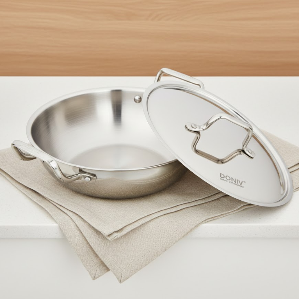 VINOD Doniv  Triply Kadai with Lid for Cooking Heavy Bottom 3.2 litres Deep Kadhai Pan with Side Handles, Induction & Gas Stove Compatible, Dishwasher Safe