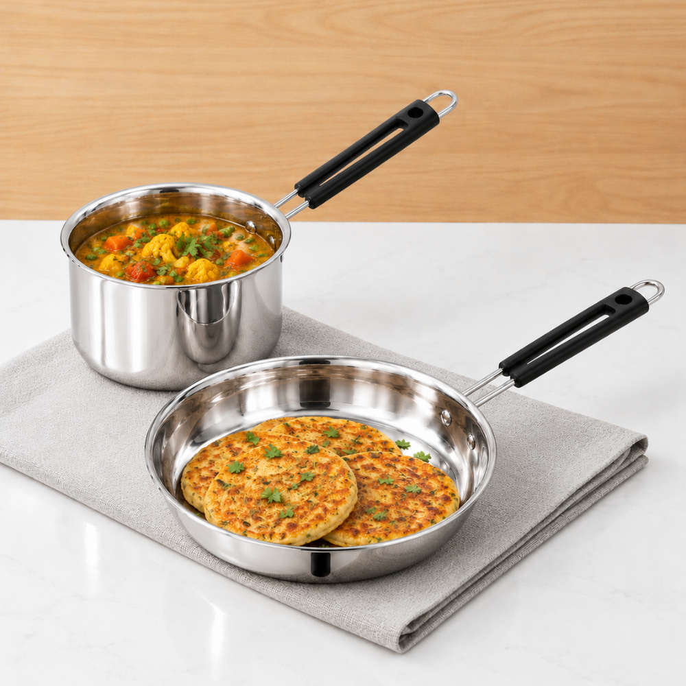 VINOD Stainless Steel Shubam 2-Piece Cookware Gift Set – Premium Sauce Pan 1300 ml (16.5 cm) & Royal Fry Pan 20 cm | Cookware for Boiling, Sautéing, Frying & Everyday Cooking