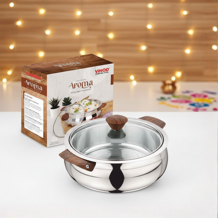 विनोद स्टेनलेस स्टील अरोमा इंसुलेटेड कैसरोल ग्लास लिड और लकड़ी के नॉब के साथ | क्षमता 750 मिली 