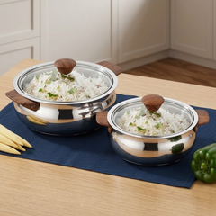 VINOD Stainless Steel Aroma Insulated Casserole with Glass Lid & Wooden Knob – Set of 2 Pcs – Capacity 750 ml & 1250 ml