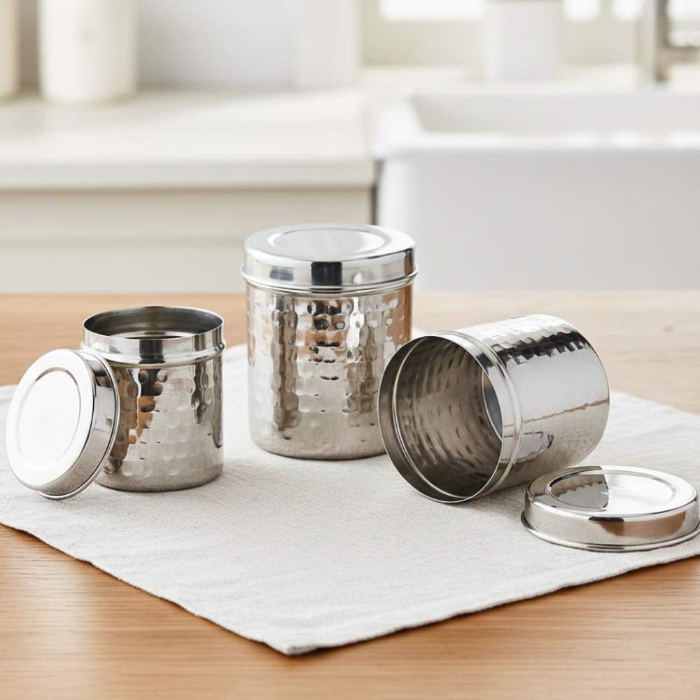 VINOD Stainless Steel Hammered Deep Dabba Set of 3 - Capacity: 350 ml, 500 ml and 750 ml with High Grade steel, Airtight Lids & Rust Free