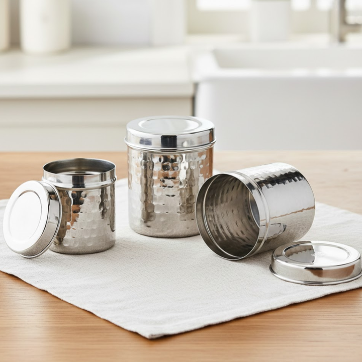 VINOD Stainless Steel Hammered Deep Dabba Set of 3 - Capacity: 350 ml, 500 ml and 750 ml with High Grade steel, Airtight Lids & Rust Free