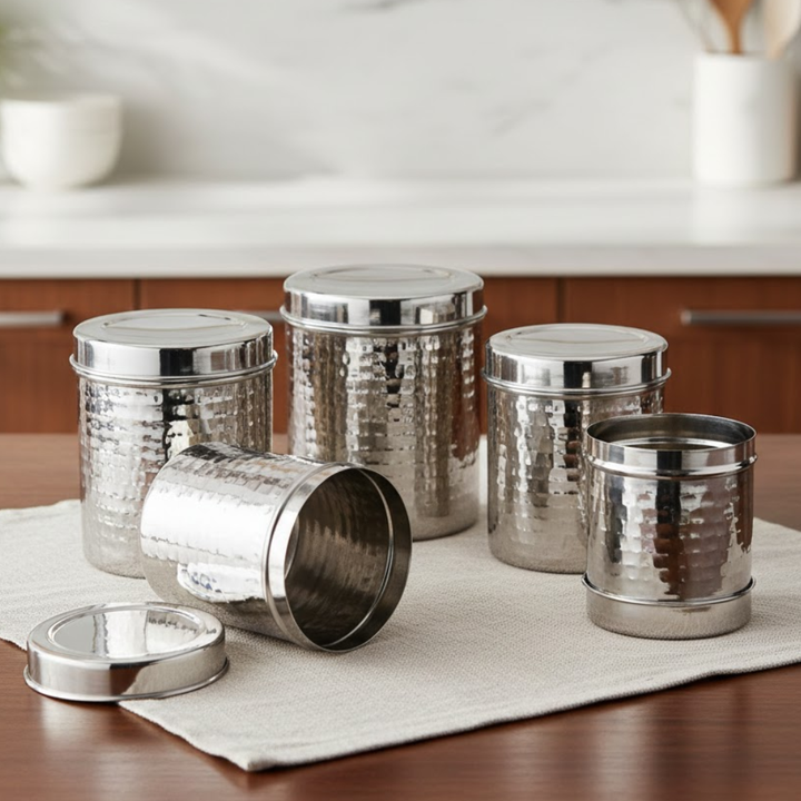 विनोद स्टेनलेस स्टील हैमर्ड डीप डब्बा - रसोई के लिए प्रीमियम स्टील खाद्य भंडारण कंटेनर - 5 पीस का सेट, 1000 मिली, 1400 मिली, 1800 मिली, 2300 मिली, 3000 मिली, नंबर 10 से नंबर 14 तक