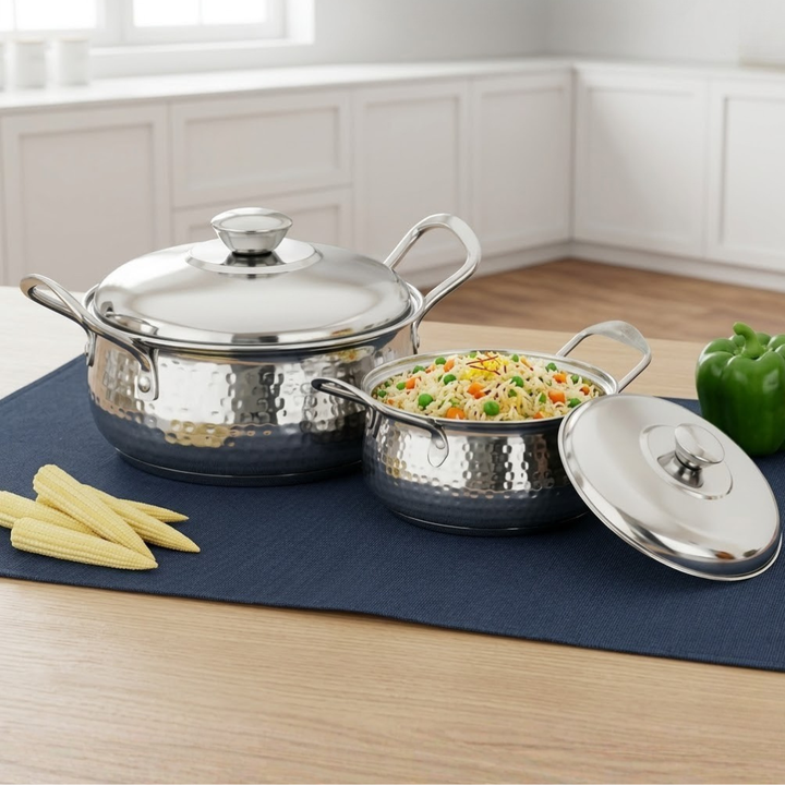 विनोद स्टेनलेस स्टील मिलानो हैमर्ड सर्विंग कैसरोल स्टील ढक्कन और साइड हैंडल के साथ - 2 पीस का सेट - 1230 मिली और 1630 मिली - 16 सेमी और 18 सेमी