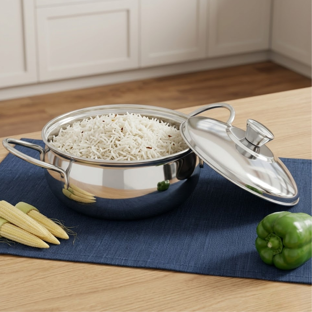 Vinod Stainless Steel Milano Plain Serving Casserole with Steel Lid & Side Handles, front view