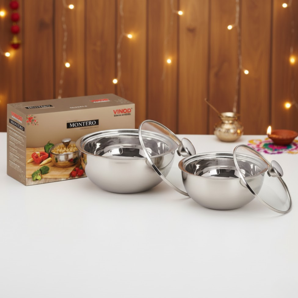 VINOD Stainless Steel Montero Insulated Casserole with Glass Lid & Steel Knob – Set of 2 Pcs – 500 ml &#038; 900 ml