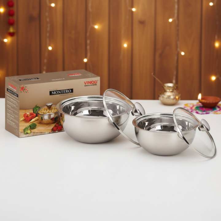 VINOD Stainless Steel Montero Insulated Casserole with Glass Lid & Steel Knob – Set of 2 Pcs – 500 ml &#038; 900 ml