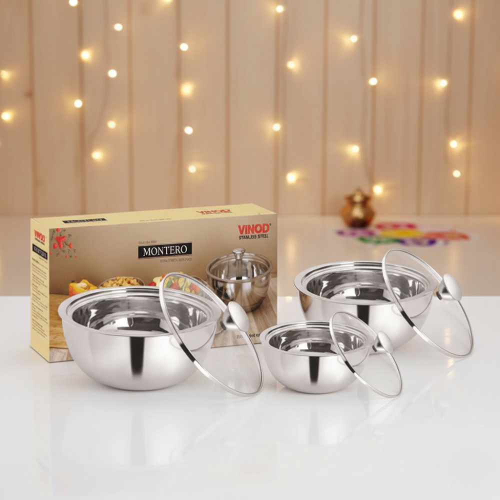 VINOD Stainless Steel Montero Insulated Casserole with Glass Lid & Steel Knob – Set of 3 Pcs – 500 ml, 900 ml &#038; 1500 ml