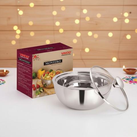 VINOD Stainless Steel Montero Insulated Casserole with Glass Lid & Steel Knob | Capacity 900 ml
