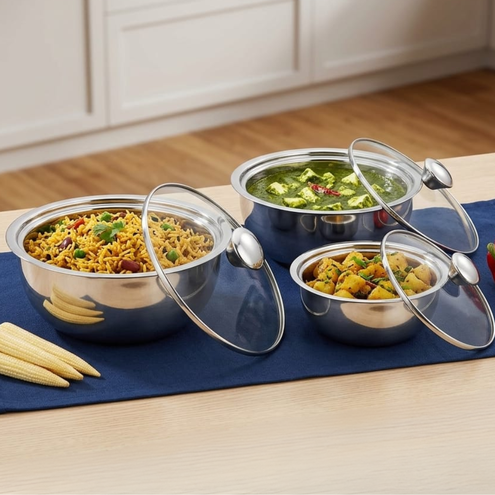 Vinod stainless steel Montero insulated casserole set of 3, 500, 900 and 1500 ml, full set group shot