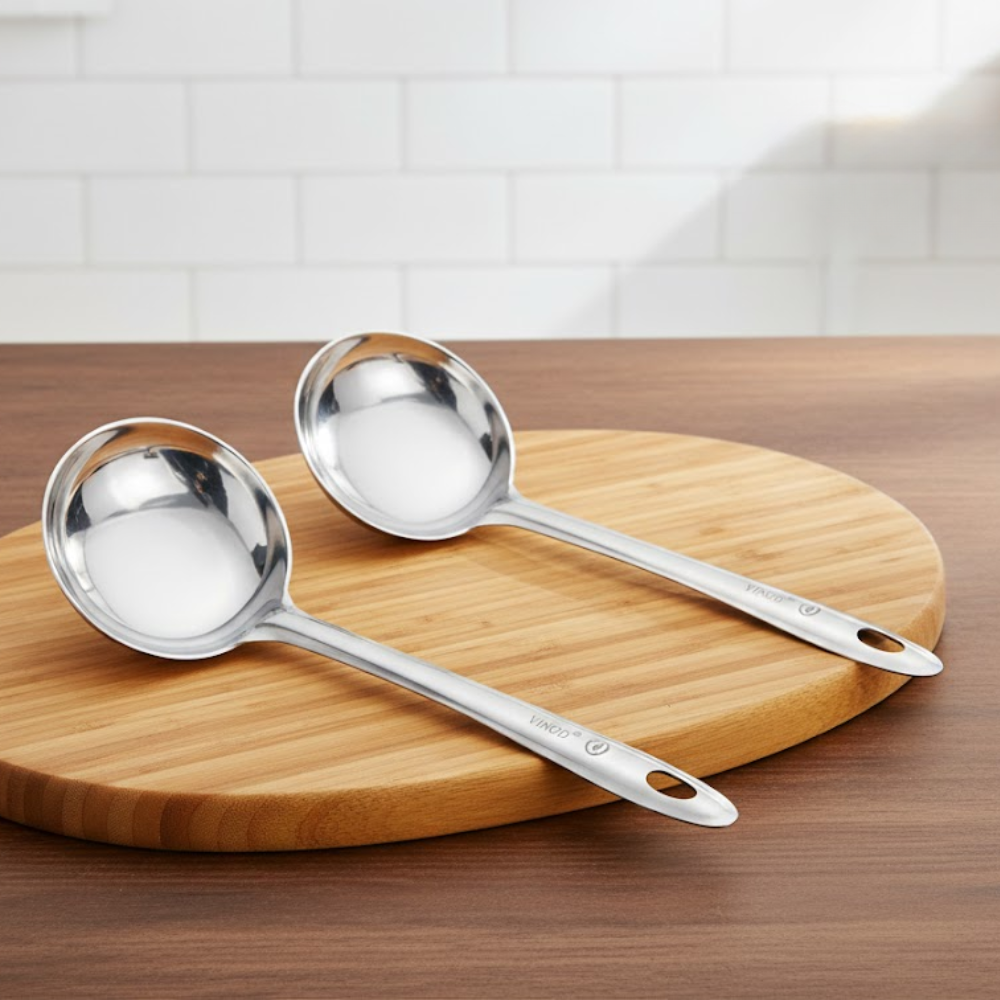 Vinod stainless steel dosa making spoon / ladle set of 2, front view