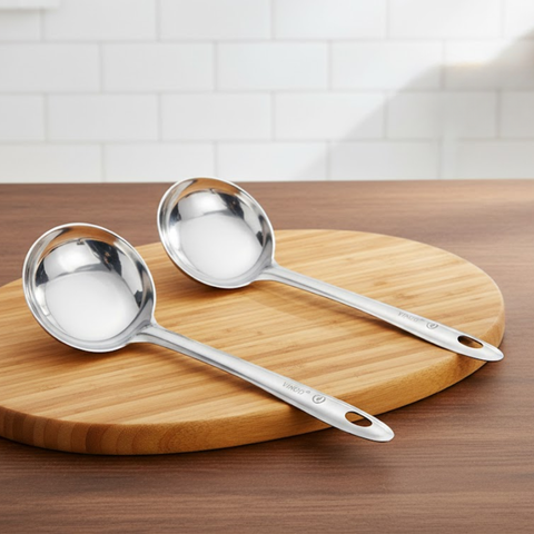 Vinod stainless steel dosa making spoon / ladle set of 2, front view