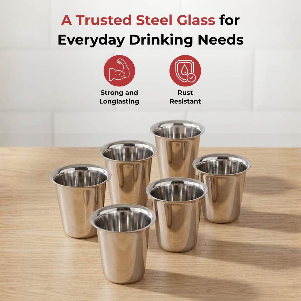 VINOD Stainless Steel Rampatra Glass Set of 6 - 240 ml with Highest Grade Steel, Tough and Strong Build, Dishwasher Safe, Rust Free